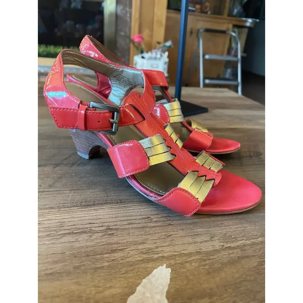 6/$25 Circa Joan & David Luxe Coral/Gold Kitten Heel Buckle Ankle Strappy Heels
